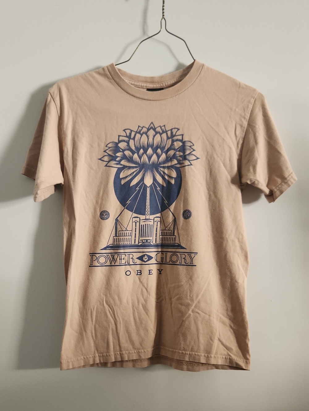 Obey Beige Short Sleeve Graphic Tee with Navy Print